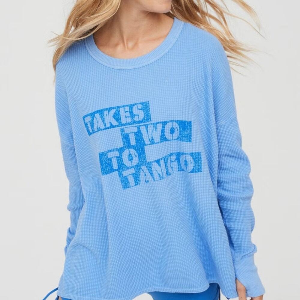 Aerie Offline Takes Two To Tango Waffle Knit Thermal Top Blue Thumbholes XS